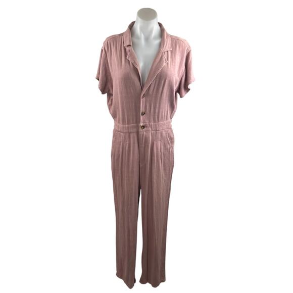 Free People Margot Pink Linen Short Sleeve Button Straight Leg Romper Jumpsuit M - Picture 1 of 5
